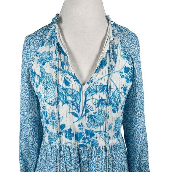 Hemant & Nandita Kaiyo Blue Floral Mini Dress Tassel Ties Boho Peasant Size XS - Picture 10 of 12